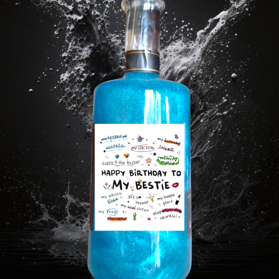 Glittercocktail Vodka Caramel met etiket Happy Birthday My Bestie