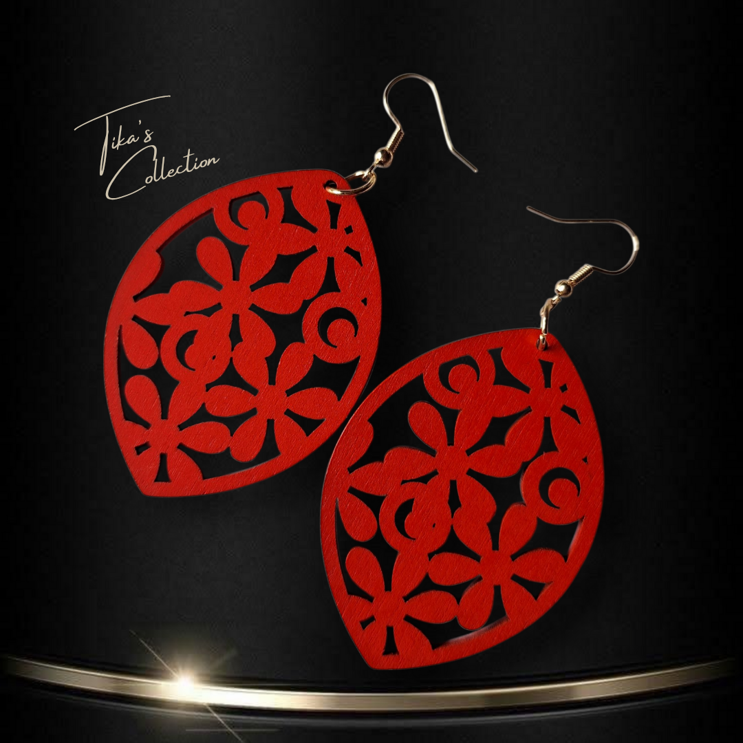 Houten oorbellen rood ~ Tika's Collection