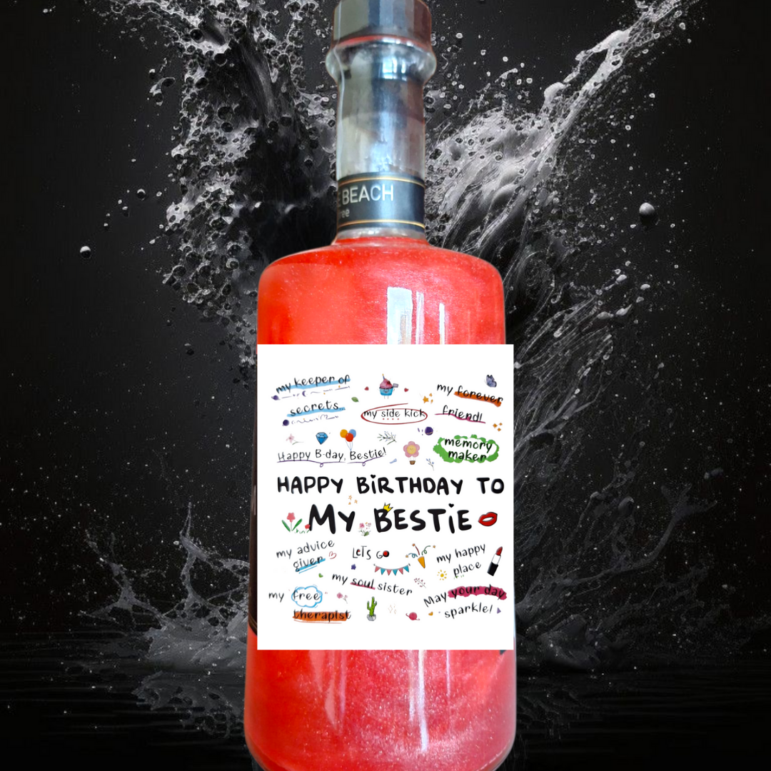 Glittermocktail Sex On The Beach met etiket Happy Birthday My Bestie