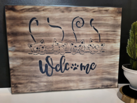 Houten decoratie- welcome kat - Tika's Handmade Collection
