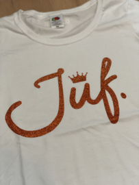 Wit JUF. shirt Ronde hals krijt met glitter Oranje