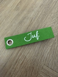 Groen JUF. Vilten Sleutelhanger Krijt
