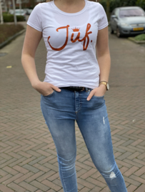 Wit JUF. shirt Ronde hals krijt met glitter Oranje