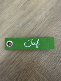 Groen JUF. Vilten Sleutelhanger Krijt