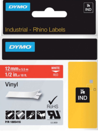 Labeltape Dymo Rhino 18054 vinyl 12mmx5.5m rood op wit