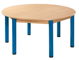 Tafel beuken/metaal 120 cm. rond 40-76 cm.