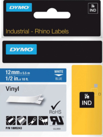 Labeltape Dymo Rhino 1805243 12mmx5.5m vinyl wit op blauw