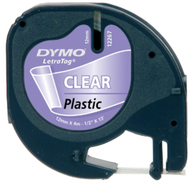 Labeltape Dymo Letratag 12267 plastic 12mm zwart op transp