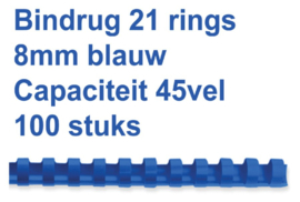 Bindrug Fellowes 8mm 21rings A4 blauw 100stuks