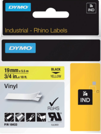 Labeltape Dymo Rhino 18433 vinyl 19mmx5.5m zwart op geel