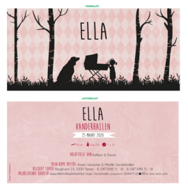 Silhouette meisje met koets en hond geboortekaartje ELLA