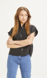 Knowledge Cotton Apparel - Aster Fold Up Short Sleeve Linen Shirt Black Jet
