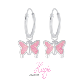 zilveren kinderoorbellen creolen roze vlinders