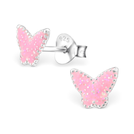 zilveren kinderoorbellen vlinder roze glitter