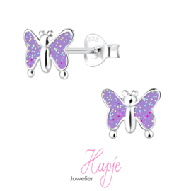 zilveren kinderoorbellen vlinder paars glitter