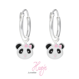 zilveren kinderoorbellen creolen panda roze strikje Premium