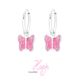zilveren creolen magische vlinder roze glitter