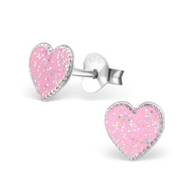 Silberne Ohrringe Herz rosa Glitzer