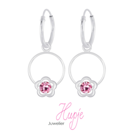 zilveren oorbellen Bloemenmeisje roze kristallen