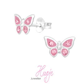 zilveren kinderoorbellen vlinder roze kristallen