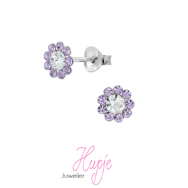 zilveren kinderoorbellen bloem paarse kristal