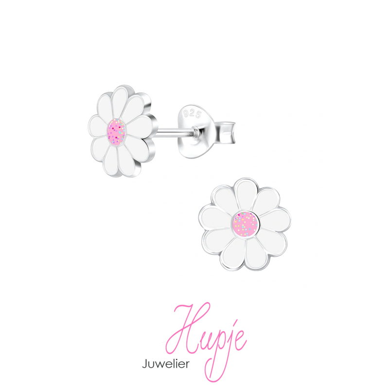 zilveren kinderoorbellen bloem roze glitter en wit