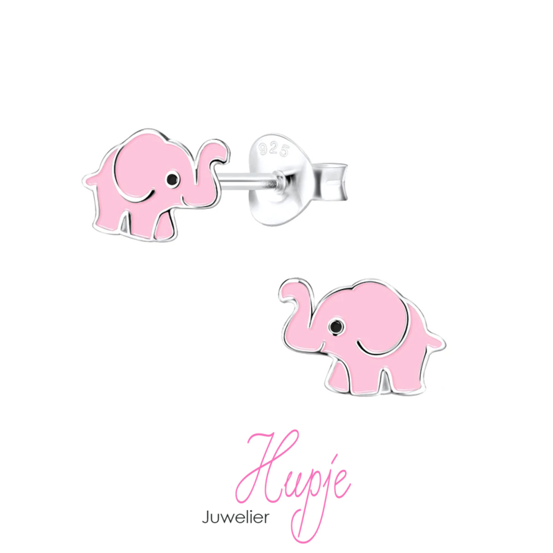 zilveren kinderoorbellen roze olifantje