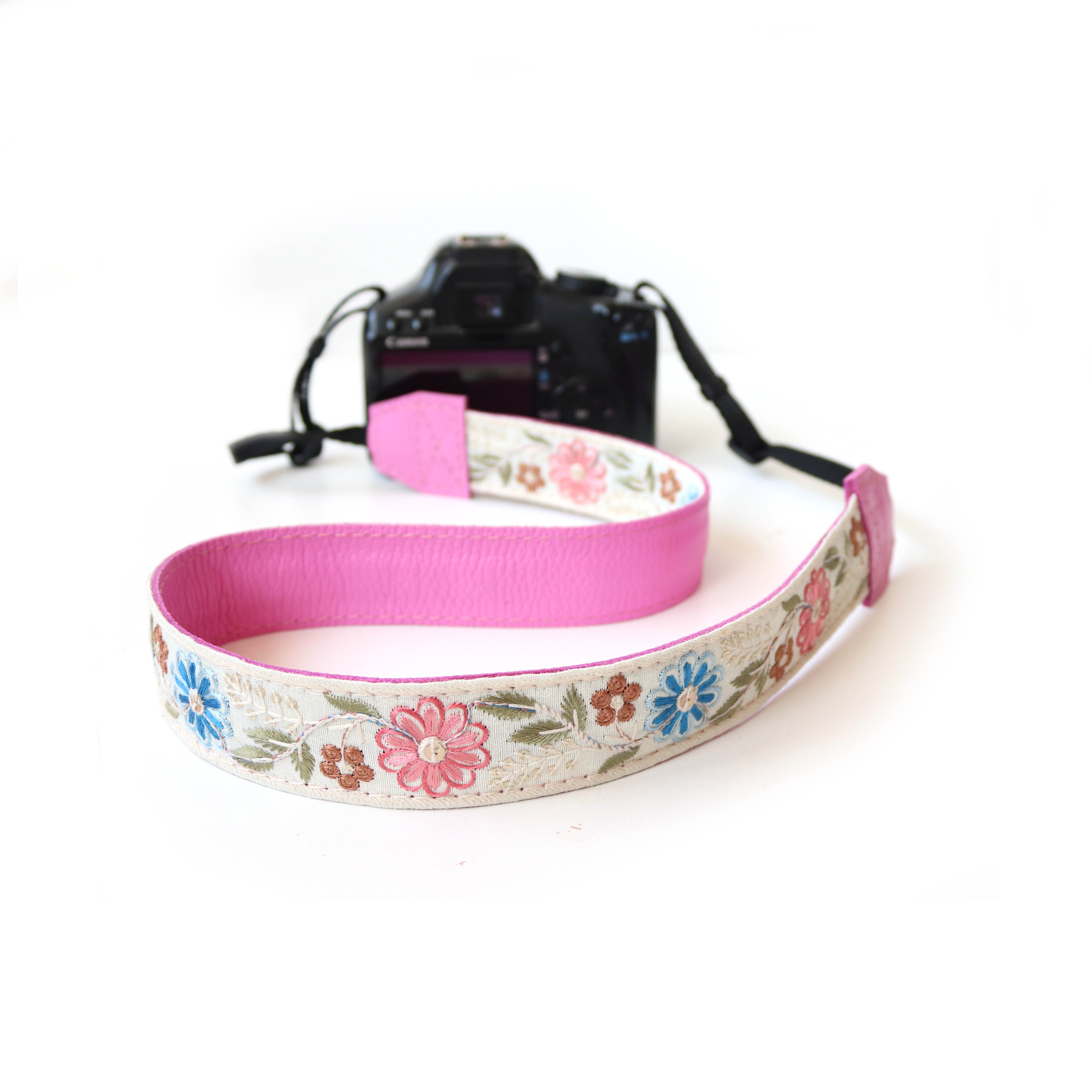 Leren camerariem Boho flowers | creme wit