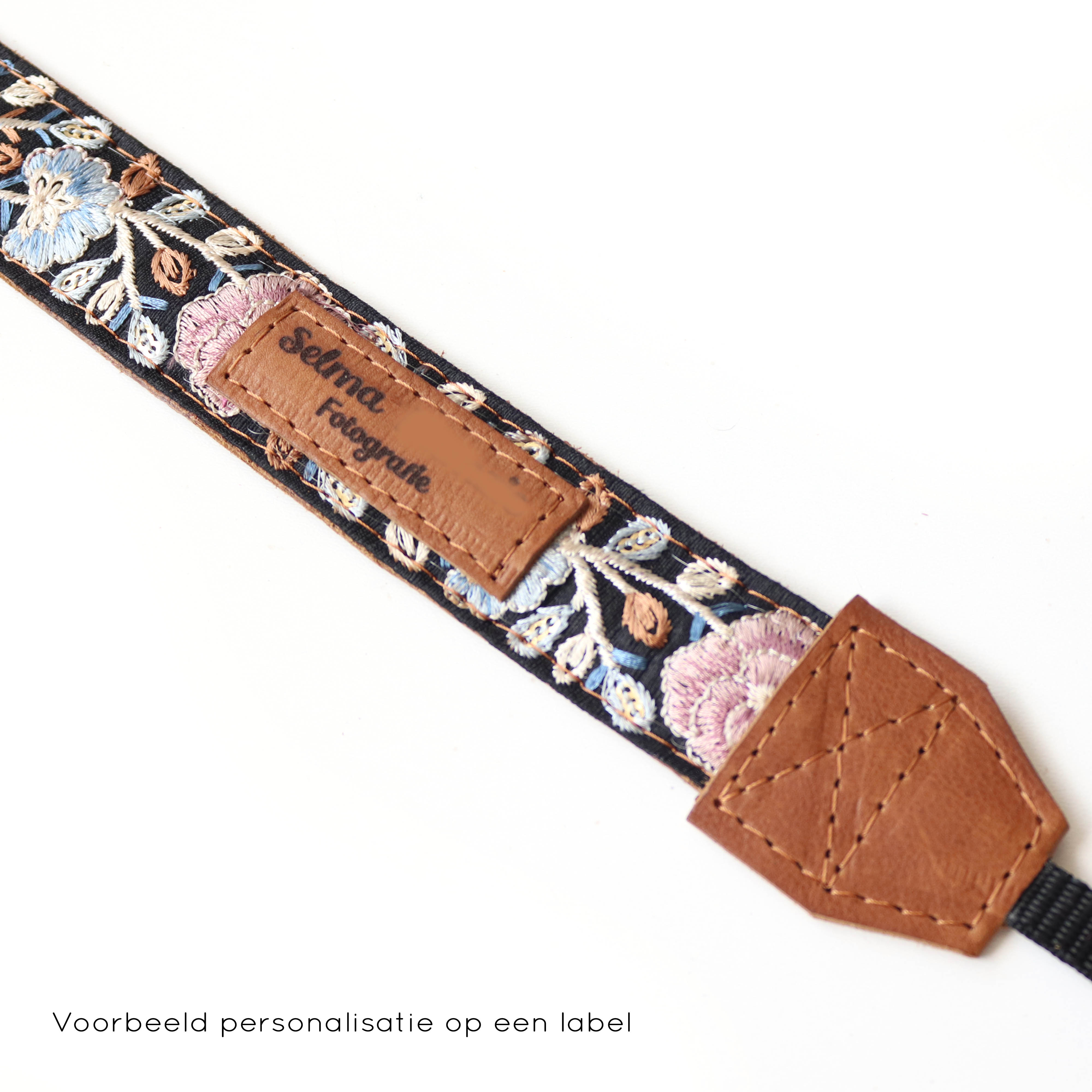 Leren camerariem Boho | zwart bloemen