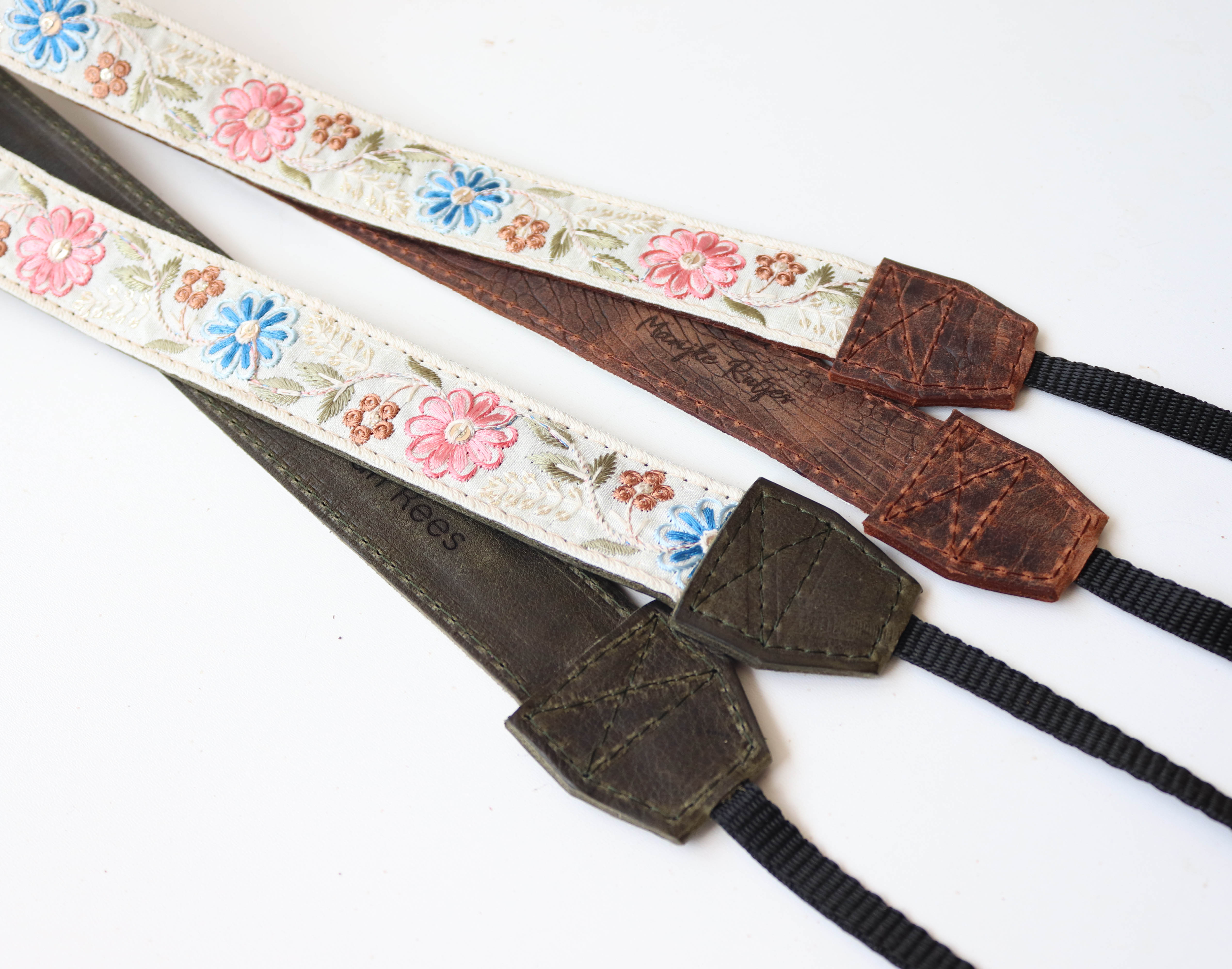 Leren camerariem Boho flowers | creme wit