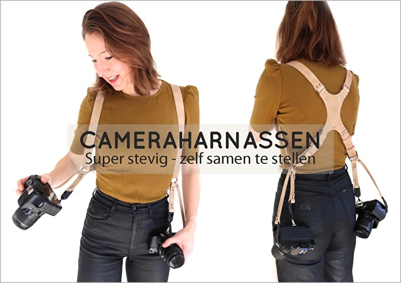stevige leren camerarharnas met logo naam