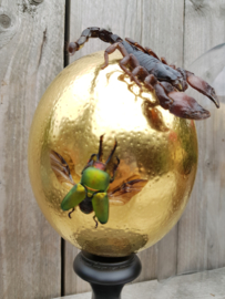 Glass Dome with 24ct Gold plated Ostrich Egg Guarded by 2 Scorpions NoV4