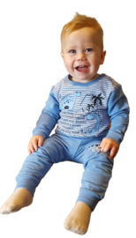 Joggingpak - knuffelzacht - 100% biologisch katoen - baby/peuter/kleuter - hip en uniek ! met dino - blauw