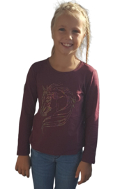 Meisjes shirt met een paardenprint van glitter - aubergine