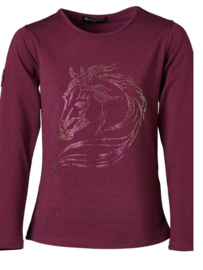 Meisjes shirt met een paardenprint van glitter - aubergine