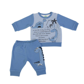 Joggingpak - knuffelzacht - 100% biologisch katoen - baby/peuter/kleuter - hip en uniek ! met dino - blauw