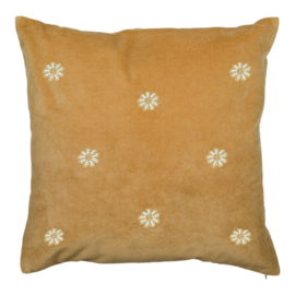 VELVET CUSHION DAISIES MUSTARD