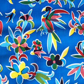 Mexicaans tafelzeil, paradijsvogels op blauw.