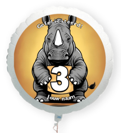 Safari neushoorn 3 jaar folie ballon XL met eigen naam 58cm