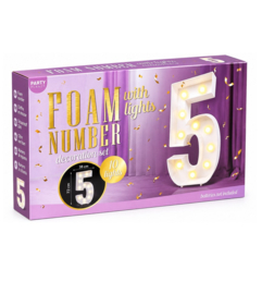 Groot Lichtcijfer 5 – Foam Decoratie met 10 Lampjes – 70x38 cm.