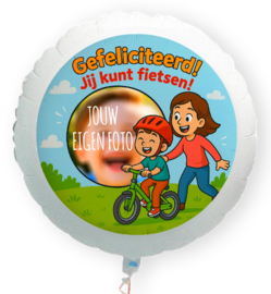 Gefeliciteerd jij kunt fietsen folie ballon opdruk jongen XL met eigen foto 58cm