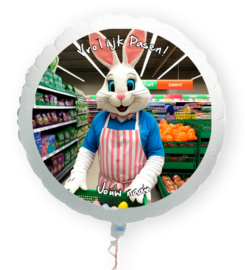 Vrolijk Pasen paashaas werkt in supermarkt folie ballon XL met eigen naam 58cm