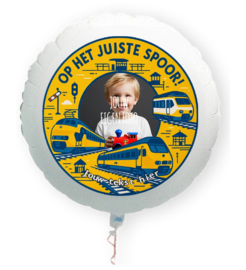 Trein folie ballon op het juiste spoor XL met eigen foto en tekst 58cm