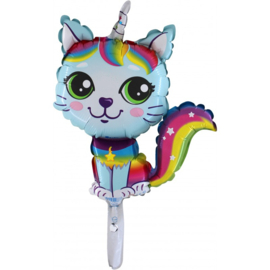 Rainbow Cat Blue folie ballon op stok 35cm