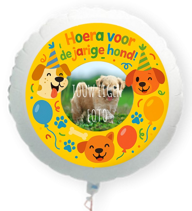 Hoera voor de jarige hond folie ballon XL met eigen foto 58cm