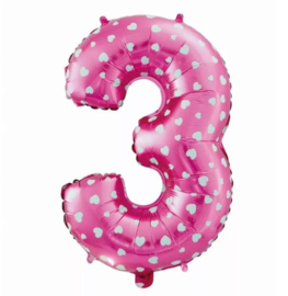 Cijfer drie folie ballon roze 61cm