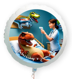 Beterschap T rex in ziekenhuisbed folie ballon XL met eigen naam 58cm