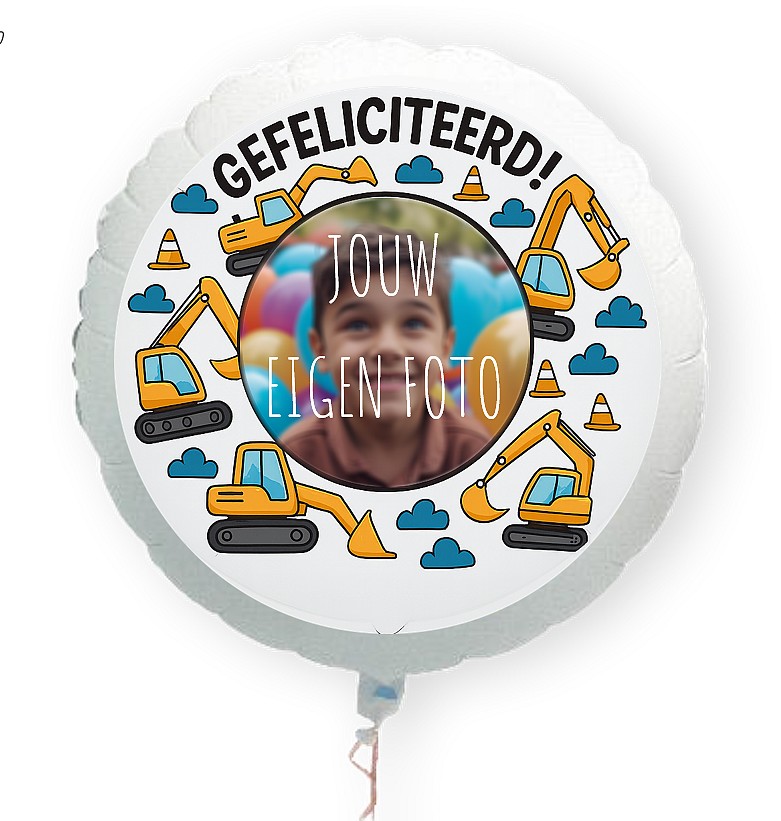 Gefeliciteerd graafmachine folie ballon XL met eigen foto 58cm