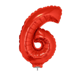 Folie ballon zes rood op stok 45cm