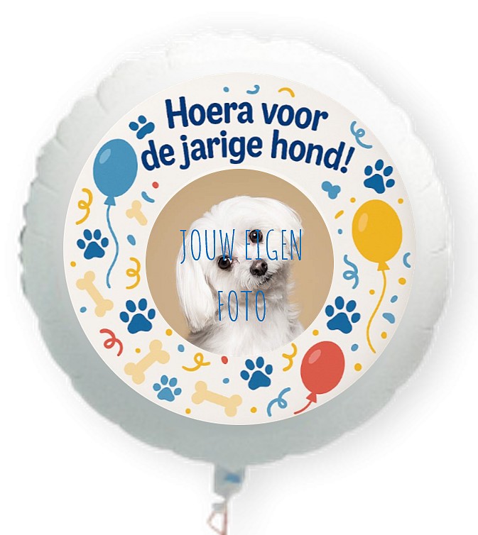 Hoera voor de jarige hond folie ballon XL met eigen foto 58cm